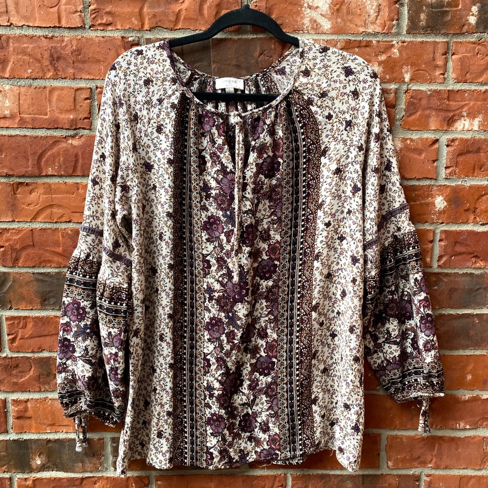 Umgee Womens Large Boho Floral Peasant Blouse Long Sleeve
